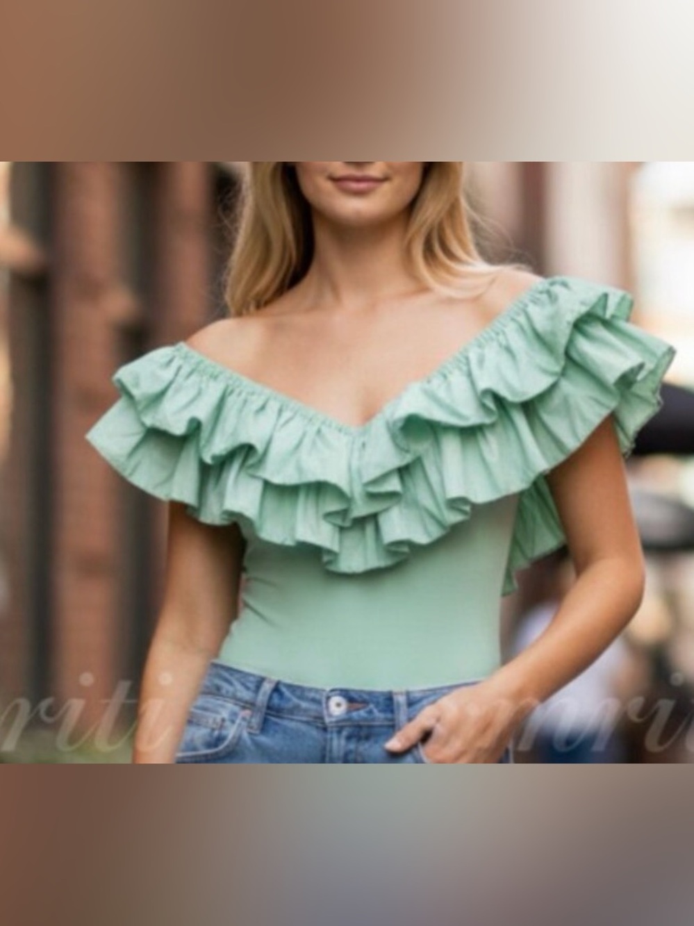 💚 NWOT ZARA LIGHT GREEN RUFFLE SHOULDER BODYSUIT MEDIUM 💚